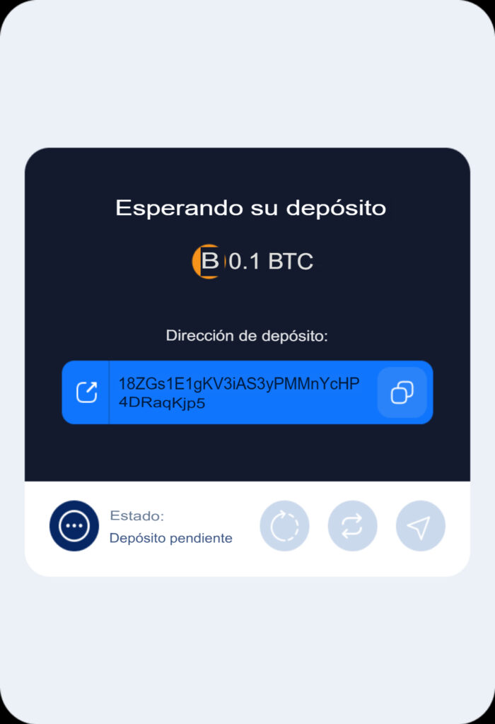 Paso 3: Enviar y recibir criptomonedas En la página de intercambio, verás la dirección para enviar la cantidad indicada de Bitcoins para continuar con el intercambio.